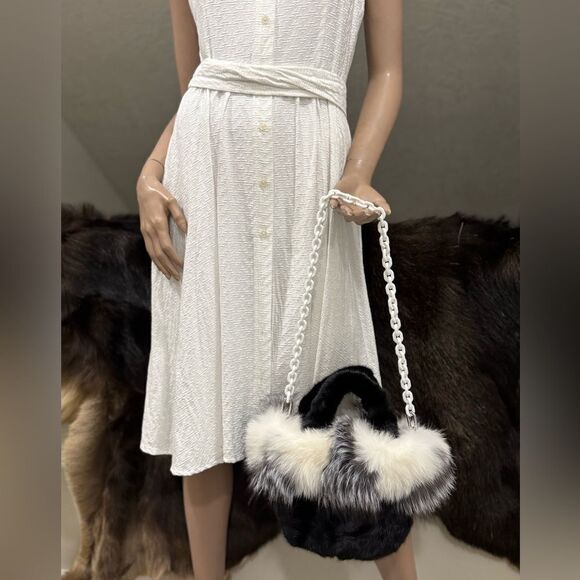 Black & White, Real Mink Fur with Fox Fur Trimming Top Handle & Multi Use Purse - Picture 14 of 16